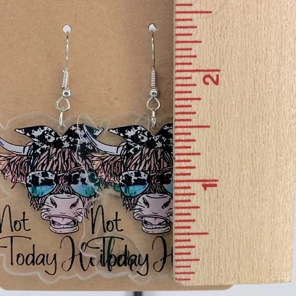 Clear Acrylic “Not Today Heifer” Cow Dangle Earrings - Picture 2 of 2